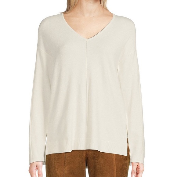 Gibson & Latimer-Side Slit V-Neck Long Sleeve High-Low Knit Sweater - Picture 1 of 8